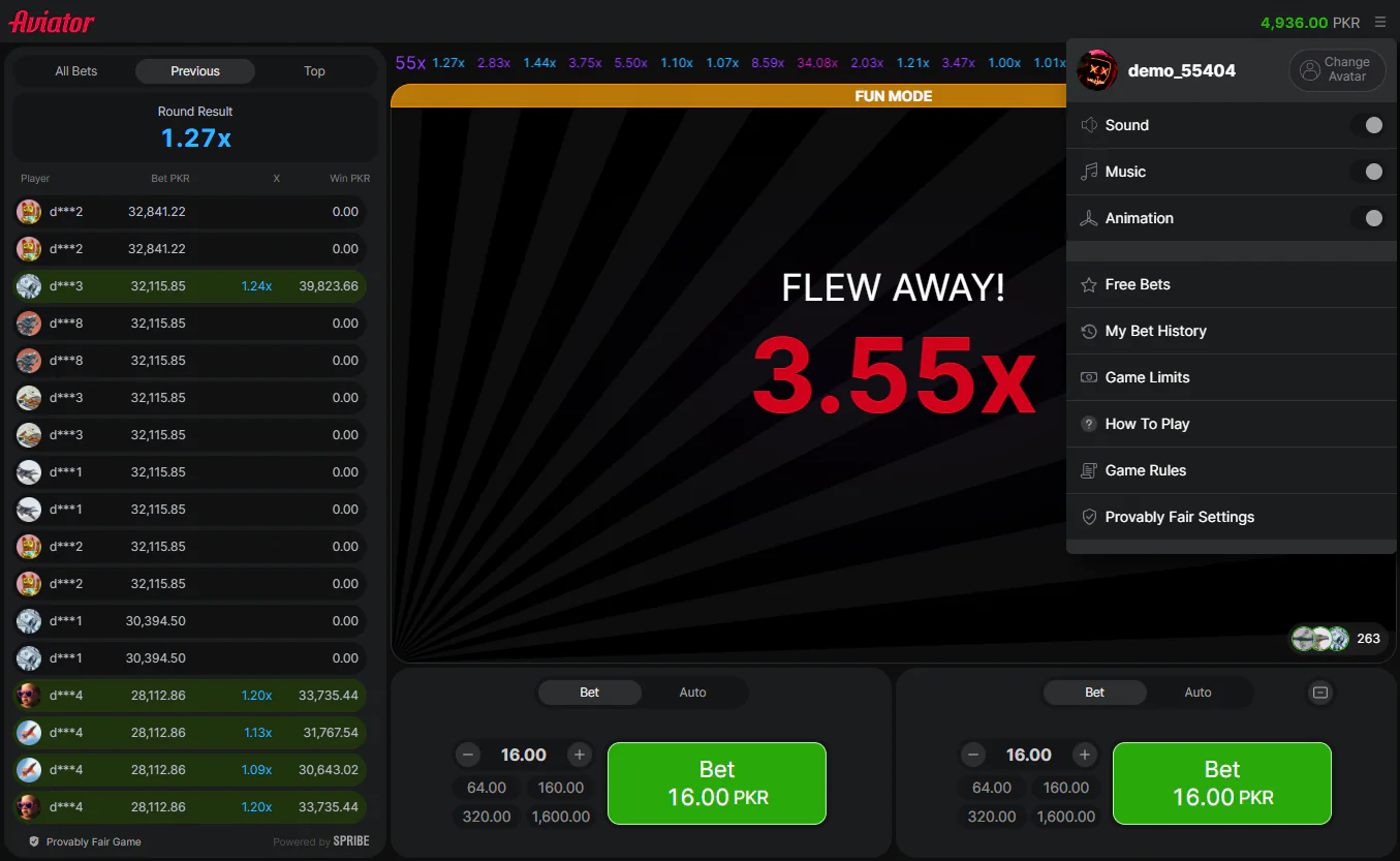 Screenshot of the menu in the crash game Aviator