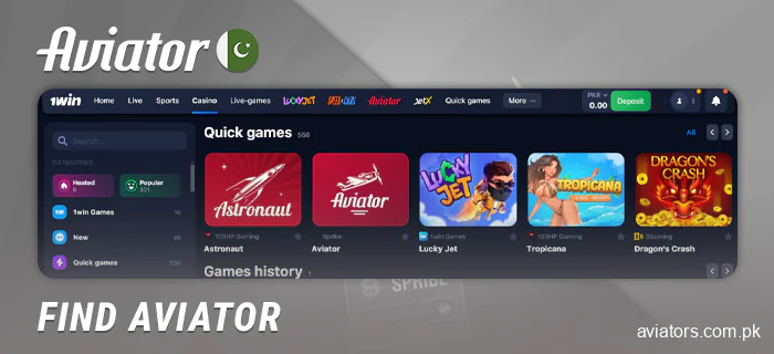 Find a crash Aviator game in the casino lobby